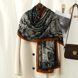 Vintage leaf print long scarf with black and white botanical patterns and brown trim