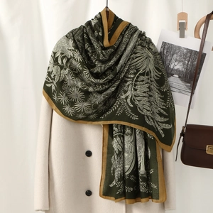 Vintage dark green shawl with white botanical prints and contrasting golden borders