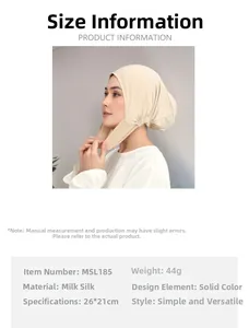 Detail view of beige milk silk hijab under-cap with size and material specifications