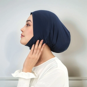 Elastic navy blue milk silk inner hijab cap with ruched back design for women