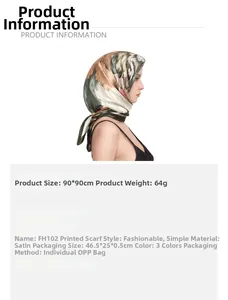 Detailed size specifications for 90x90cm printed satin square scarf for women