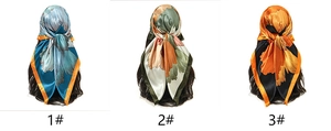 Three elegant 90x90 printed silk-like square scarves showing floral patterns and contrast edges