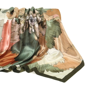 Satin floral square scarf in Morandi green and pink with elegant rolled edges