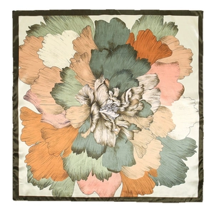 Floral print satin square scarf with large peony pattern and elegant green hem edges