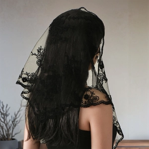 French vintage black floral lace triangle scarf mantilla veil with scalloped edge