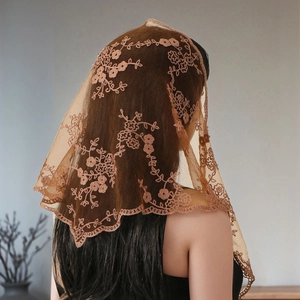 French Vintage Floral Embroidery Lace Triangle Scarf For Women Church Wedding Mantilla Head Wrap Polyester Mesh Scarf
