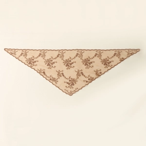 Detail of coffee brown floral embroidery on lightweight mesh lace triangular scarf