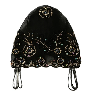 Vintage Turban-Hut aus schwarzer Spitze mit Blumenstickerei und Perlen-Fransen-Details