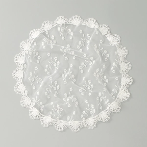 White circular lace bridal veil with floral embroidery and scalloped edges for women