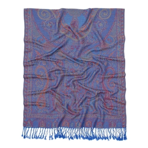 Navy blue paisley print shawl with red floral patterns and fringe tassels for autumn