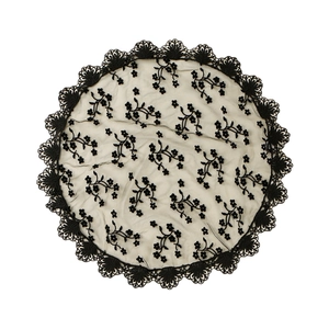 Elegant black polyester round lace veil featuring floral embroidery and scalloped edges