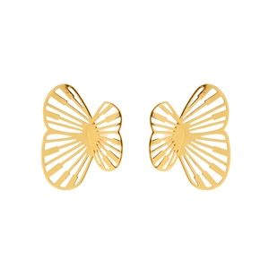 Elegant gold butterfly earrings with intricate openwork wings on a white background