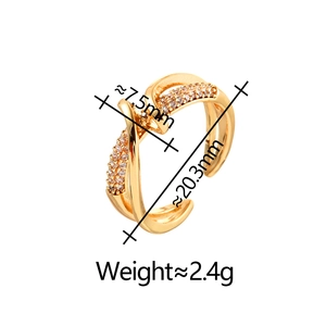 Elegant gold crossover ring with white zircon stones and adjustable open band design