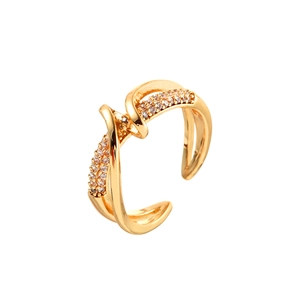 Minimalist twisted gold open ring with zircon stones shown at 45-degree angle