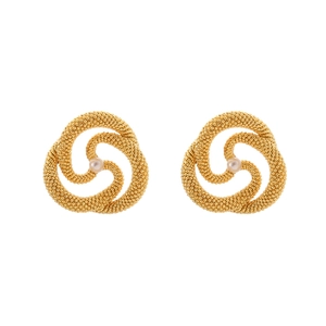 Elegant gold knot stud earrings with a white pearl center on a clean white background
