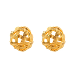 Minimalist gold woven hollow sphere stud earrings with brushed metallic texture finish