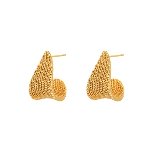 Elegant gold earrings with woven mesh texture in a triangular curved design