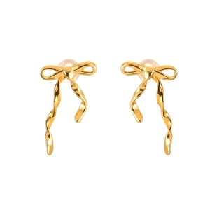 Elegant gold bow earrings with spiral tassel pendants on a clean white background