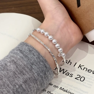 Elegant Beaded Bracelet French Style Silver Plated Copper With Imitation Artificial Pearl And Zircon Star Pendant For Women