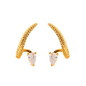 Snake scale textured gold earrings with pear-cut zircon stones in a symmetrical layout