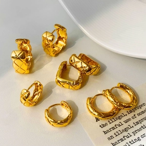 Quilted Pattern Hoop Earrings Copper Gold Plated Geometric Rhombus Texture Elegant Fashion Jewelry For Women