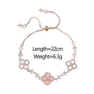 Rose gold clover bracelet with micro-pave zircons and adjustable pull chain closure