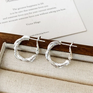 Detailed view of silver twisted rope hoop earrings inside a wooden jewelry storage box