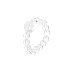 Minimalist transparent heart bead ring featuring crystal glass beads and elastic design