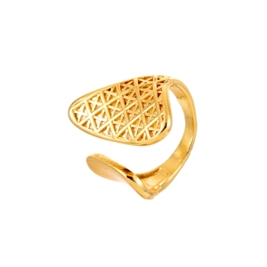 Minimalist asymmetrical grid mesh open ring in gold with irregular leaf pattern