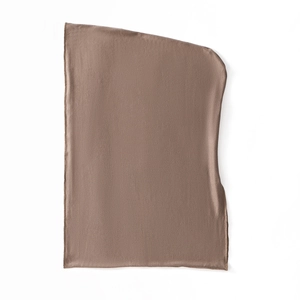 Detail of brown mercerized cotton headscarf showing elastic texture and hemmed edges