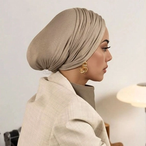 Elegant khaki mercerized cotton headscarf for women featuring a pleated turban design