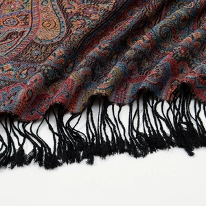 Elegant paisley jacquard shawl with long black tassels and vibrant floral weaving