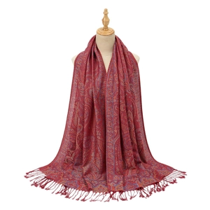 Burgundy paisley jacquard scarf with long fringe tassels for women, autumn shawl wrap