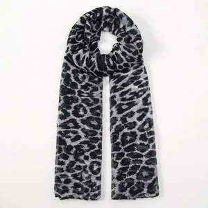 Detail of soft leopard print voile scarf in grey and black pattern for women
