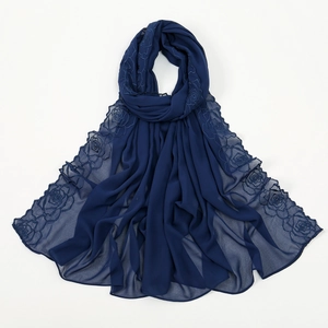 Dark blue embroidered chiffon hijab scarf, elegant floral edge wrap shawl for women detail view