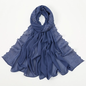 Detailed view of blue chiffon embroidered long scarf, perfect for stylish hijab and shawl.