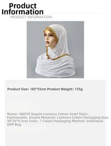 Detail of white mercerized cotton hijab with golden sequins and 185x55cm size display