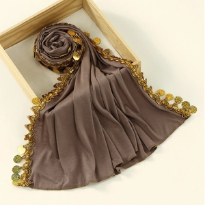 Brown mercerized cotton scarf featuring golden sequins and elegant metallic crochet lace
