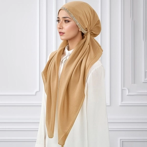 Ethnic khaki turban hijab for women with elegant silver beaded embroidery on the forehead