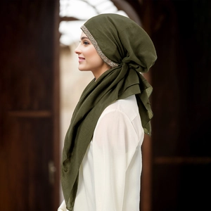 Elegant dark green ethnic hijab with beaded trim and breathable cotton-linen texture