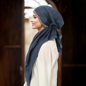 Detail of navy blue hijab showing intricate sequin beadwork and layered breathable fabric