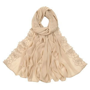 Elegant chiffon embroidered hijab shawl, versatile long scarf for women, chic beige headwear.