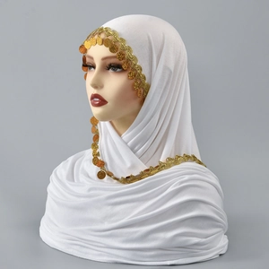 White mercerized cotton hijab with golden sequins and braided lace trim on a head model