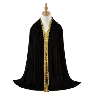 Elegant black sequin mercerized cotton hijab with gold coin tassels for women