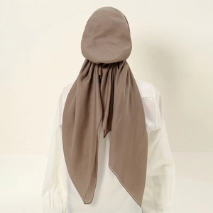 Ethnic style earth tone elastic turban hijab with dual tails and linen texture for women