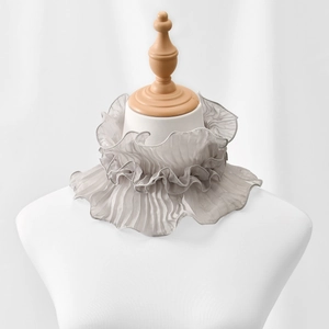 Close-up detail of grey pleated ruffled lace neck warmer scarf for women with elegant design
