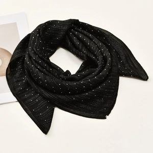 Elegant black silk scarf with silver glitter threads and sparkling rhinestones for women
