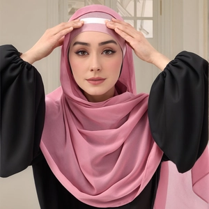 Detail of light pink chiffon hijab paired with black lantern sleeve abaya for women