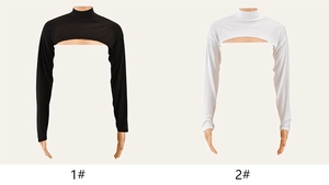 Detail of high neck shrug bolero with hollow front design in black and white colors