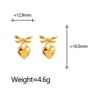 Elegant gold bow heart stud earrings with polished finish shown with size dimensions